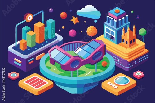 Explore a vibrant landscape filled with customizable VR elements and playful 3D structures in a dynamic setting VR Customizable Semi Flat Illustration