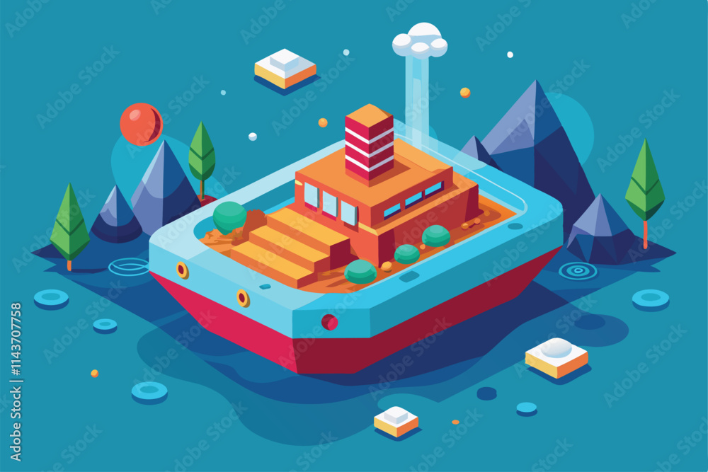Obraz premium A colorful, customizable floating structure is surrounded by mountains and trees amidst a serene water setting Water-floating customizable disproportionate illustration.
