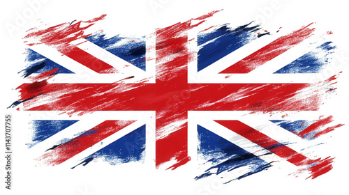 a distressed. grunge style version of the union jack. the national flag of the united kingdom the flag is depicted with a transparent background and brush strokes creating a worn and weathered look