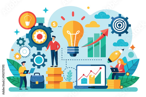 A group collaborates on strategies to enhance business profitability with creative ideas Ways to boost business profit with ideas, simple illustration