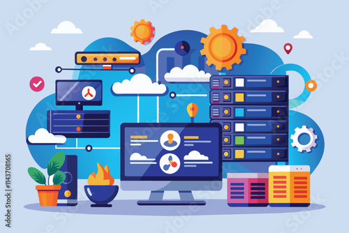 The illustration showcases web hosting and online database storage with servers, clouds, and a computer Web hosting, online database storage, flat illustration