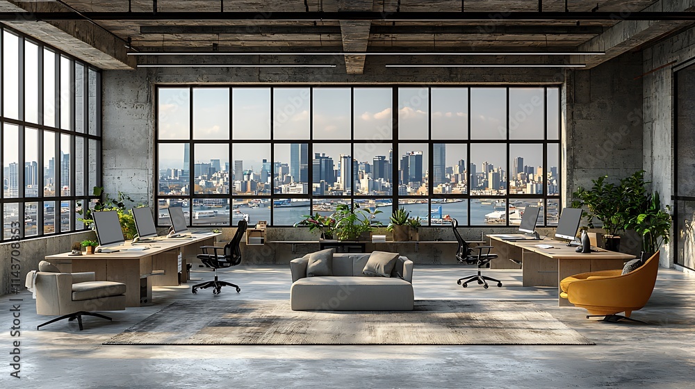 Modern Loft Office With City Skyline View Modern Loft Office With City Skyline View