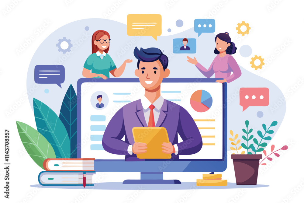 Fototapeta premium This creative illustration highlights an engaging webinar, emphasizing interaction and learning Webinar with flat illustration.