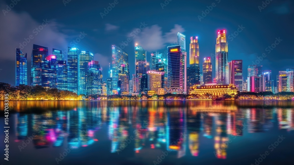 Fototapeta premium A vibrant city skyline illuminated at night, reflecting in a calm body of water.