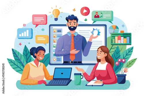 A lively webinar shows participants sharing insights and collaborating in a digital environment Webinar with flat illustration.