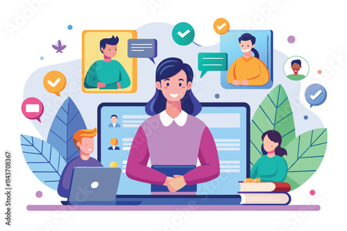 A vibrant illustration depicting a webinar with multiple participants engaging in online discussion Webinar with flat illustration.