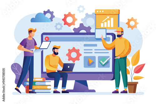 Technicians work collaboratively in a tech workspace to resolve website errors using various devices Website errors fixed by technicians, flat illustration.