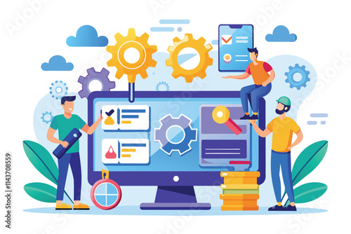 Team members collaborate on website maintenance using digital tools and visuals to enhance efficiency Website maintenance management, illustrated in a flat style.