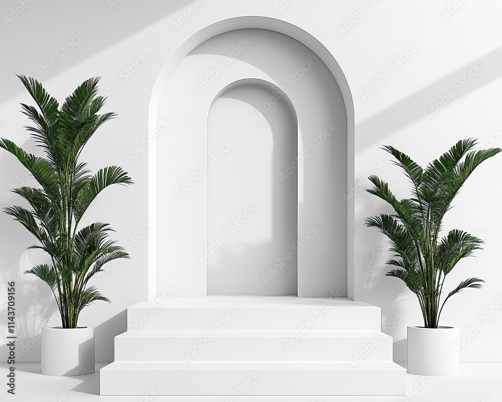 Fototapeta premium A minimalist white space featuring a curved archway and two lush green plants in stylish pots, creating a serene and elegant atmosphere.