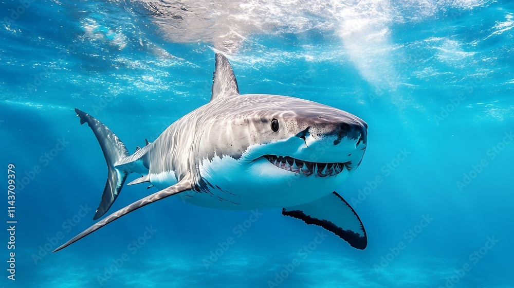 Fototapeta premium Great White Shark Underwater. Powerful Predator in Ocean.
