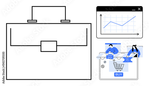 Briefcase symbolizes business operations, graph emphasizes analytical growth. Online shopping cart includes cash-back and percentage discounts. Ideal for e-commerce, finance, digital marketing