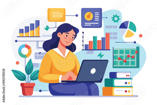 A woman focuses on her laptop, interpreting various data visualizations in a bright workspace Woman analyzing data in a flat illustration.