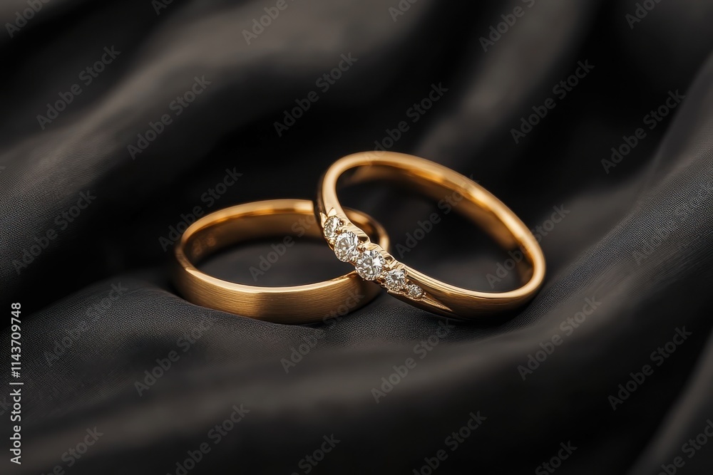 Two elegant rings one gold and one silver each adorned with small diamonds encircling the band Two elegant rings one gold and one silver each adorned with small diamonds encircling the band