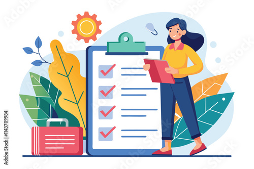 A woman is working on a checklist for managing company rules, surrounded by greenery and a briefcase Woman creating checklist for company rule control, flat illustration.