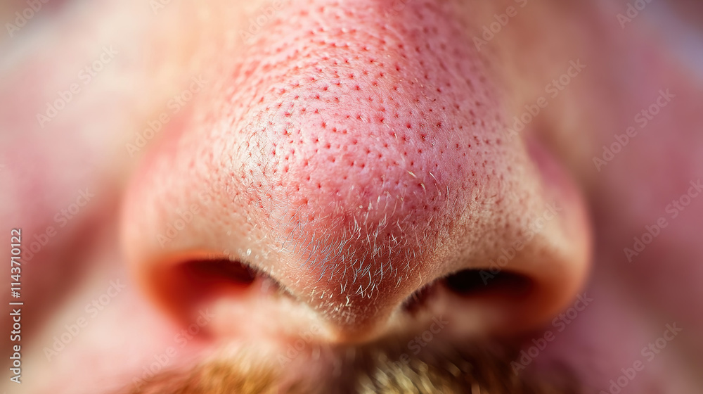 Close up of red irritated nose, emphasizing the discomfort and struggle of allergies or cold symptoms, highlighting the human vulnerability and resilience in the face of common ailments. Close up of red irritated nose, emphasizing the discomfort and struggle of allergies or cold symptoms, highlighting the human vulnerability and resilience in the face of common ailments.