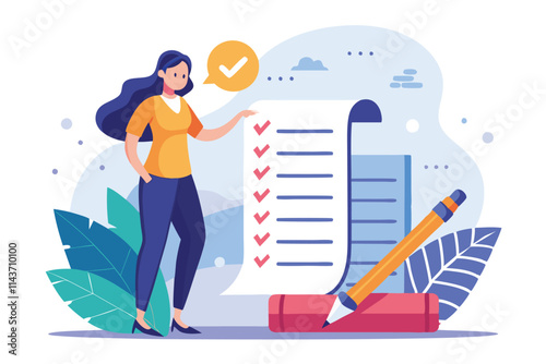 A woman stands beside a checklist, marking tasks complete in a vibrant and organized workspace Woman filling column list, flat illustration.