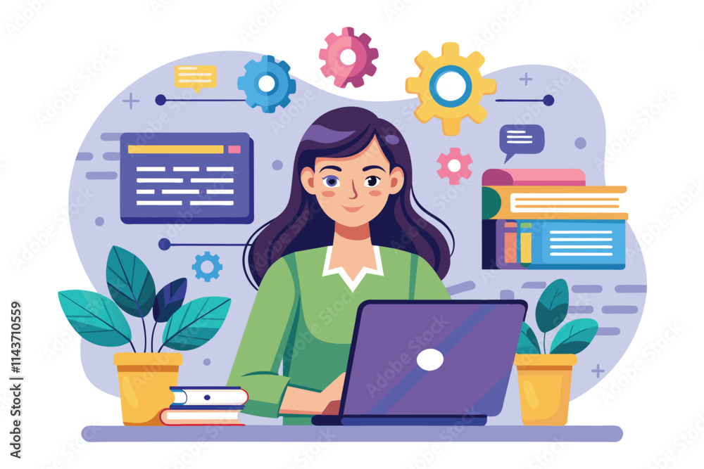A woman is focused on learning programming while using a laptop surrounded by plants and books Woman learning programming, flat illustration A woman is focused on learning programming while using a laptop surrounded by plants and books Woman learning programming, flat illustration