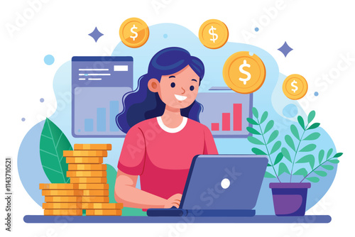 A woman actively invests online using her laptop, surrounded by coins and financial growth charts Woman invests money online using a laptop.