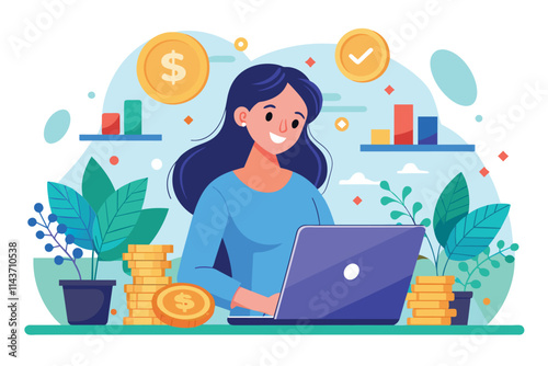 A woman engages in online investing with her laptop, surrounded by plants and stacks of coins Woman invests money online using a laptop.