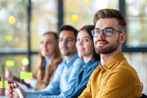 A group of young professionals attentively engaged in a meeting, showcasing collaboration and focus in a modern workspace.