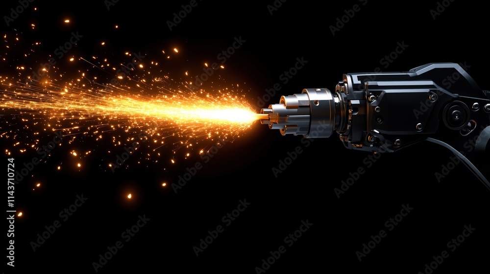 Machinery equipped with cutting-edge technology produces bright sparks as it operates in a dark space Machinery equipped with cutting-edge technology produces bright sparks as it operates in a dark space