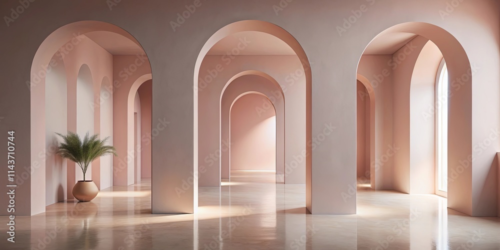 Serene Interior with Arched Hallways and Soft Light Serene Interior with Arched Hallways and Soft Light