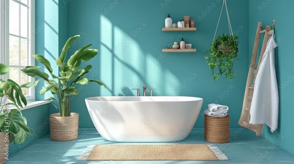 Serene Teal Bathroom With Freestanding Tub And Plants Serene Teal Bathroom With Freestanding Tub And Plants