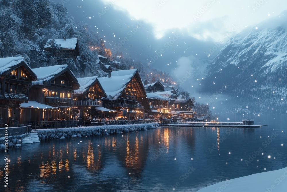 Fototapeta premium Winter wonderland picturesque alpine village lakeside reflection snow-covered rooftops