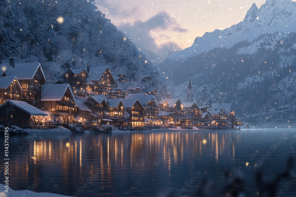 Fototapeta premium Winter wonderland picturesque alpine village lakeside reflection snow-covered rooftops