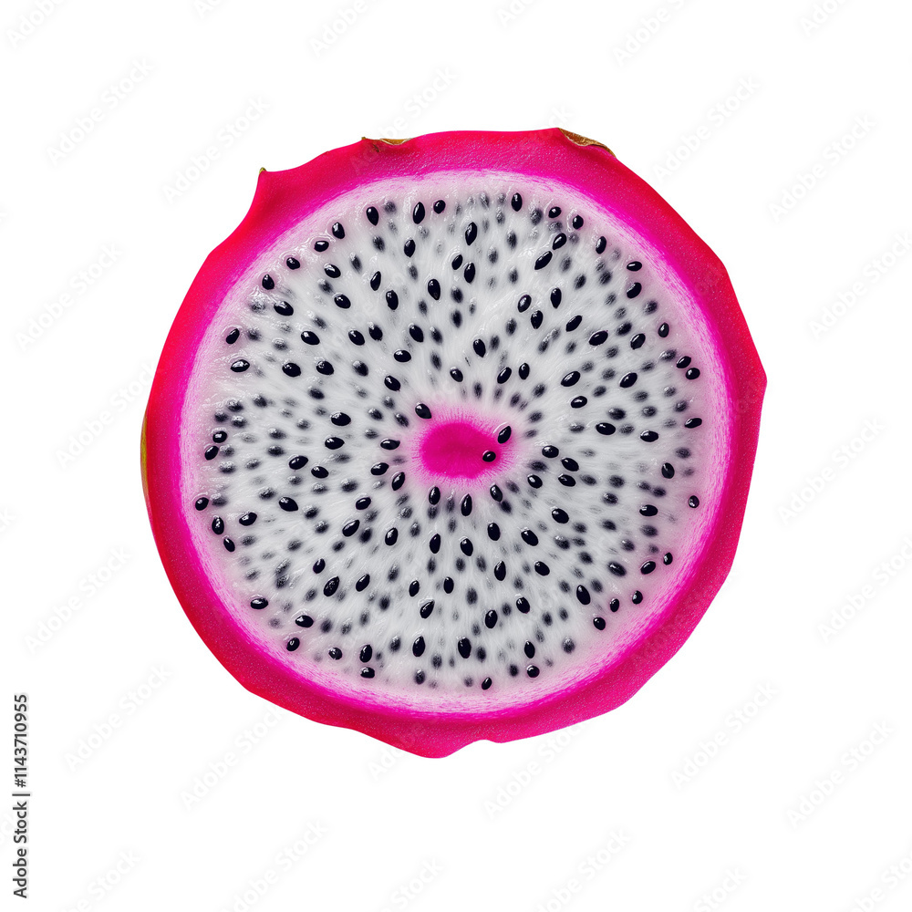Exotic dragon fruit cross-section, vibrant magenta and white isolated backdrop. Exotic dragon fruit cross-section, vibrant magenta and white isolated backdrop.