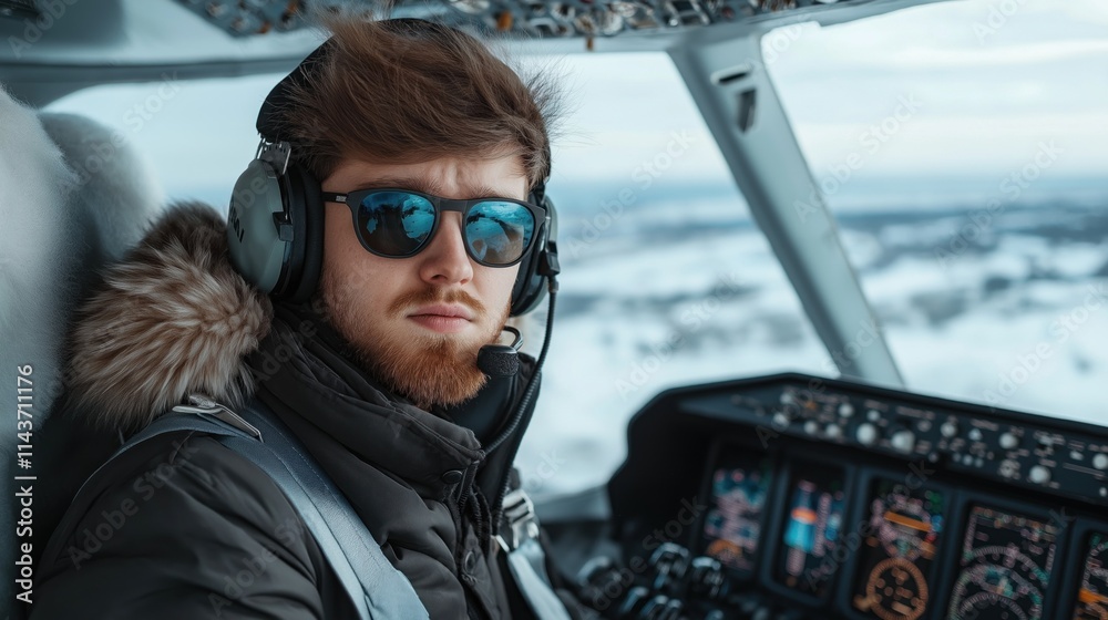 Pilot with a beard and sunglasses sits in cockpit, focused on controls during a winter flight. Snowy terrain is visible outside, highlighting the challenging weather conditions Pilot with a beard and sunglasses sits in cockpit, focused on controls during a winter flight. Snowy terrain is visible outside, highlighting the challenging weather conditions