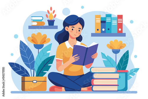 A focused woman sits on the floor among books and plants, deeply engaged in reading for information Woman reading book for information, flat illustration.