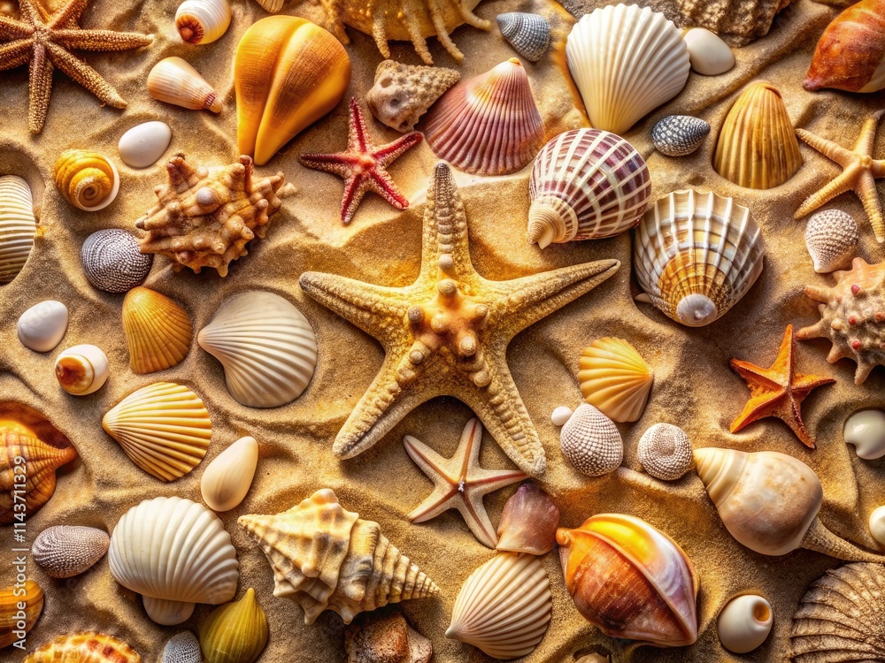 Crisp sandy texture, scattered seashells and starfish, sharp focus on a sun-drenched summer beach. Crisp sandy texture, scattered seashells and starfish, sharp focus on a sun-drenched summer beach.