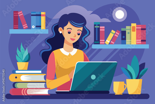 A woman engaged in reading a book while sitting at her desk, focused on her studies Woman reading book with computer in background, flat illustration.