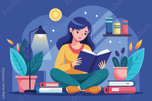 A woman sits comfortably on the floor, absorbed in a book, with a computer and plants nearby, enjoying the light Woman reading book with computer in background, flat illustration.