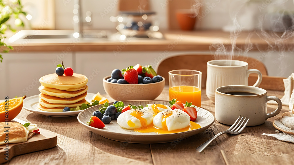 Coffee, Fruit and Pancakes on Table Coffee, Fruit and Pancakes on Table