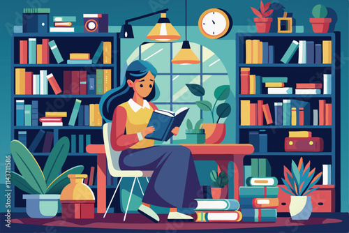 A woman sits comfortably in her study, deeply engrossed in a book surrounded by shelves of literature Woman reading in study room with books.