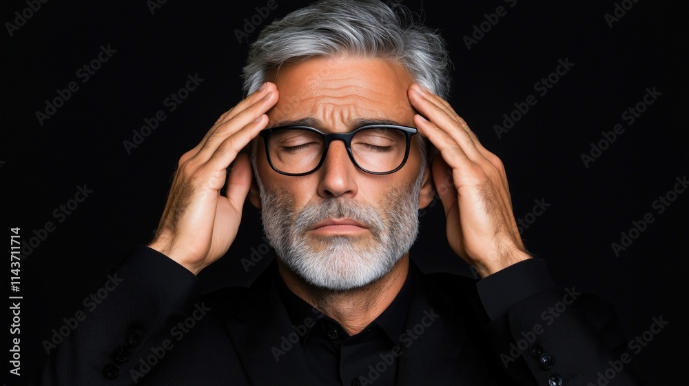 man with gray hair and glasses is holding his head, eyes closed, in a dark environment. His expression suggests he is experiencing deep concentration or stress man with gray hair and glasses is holding his head, eyes closed, in a dark environment. His expression suggests he is experiencing deep concentration or stress