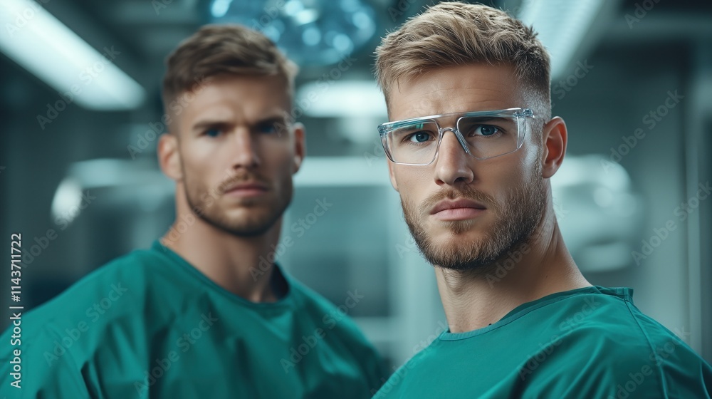 Two medical professionals wearing green scrubs and glasses focus on the camera in a surgical setting, preparing for a procedure as bright lights illuminate the background Two medical professionals wearing green scrubs and glasses focus on the camera in a surgical setting, preparing for a procedure as bright lights illuminate the background