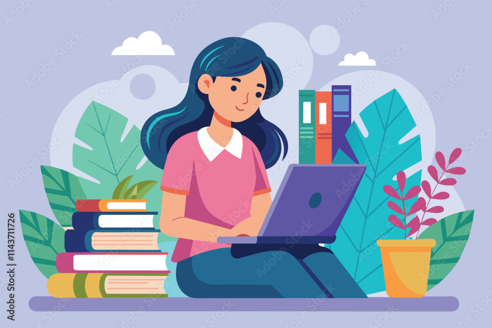 A woman sits comfortably, focused on her laptop, engaging with her online book for education Woman reading online book on laptop for online education, flat illustration. A woman sits comfortably, focused on her laptop, engaging with her online book for education Woman reading online book on laptop for online education, flat illustration.