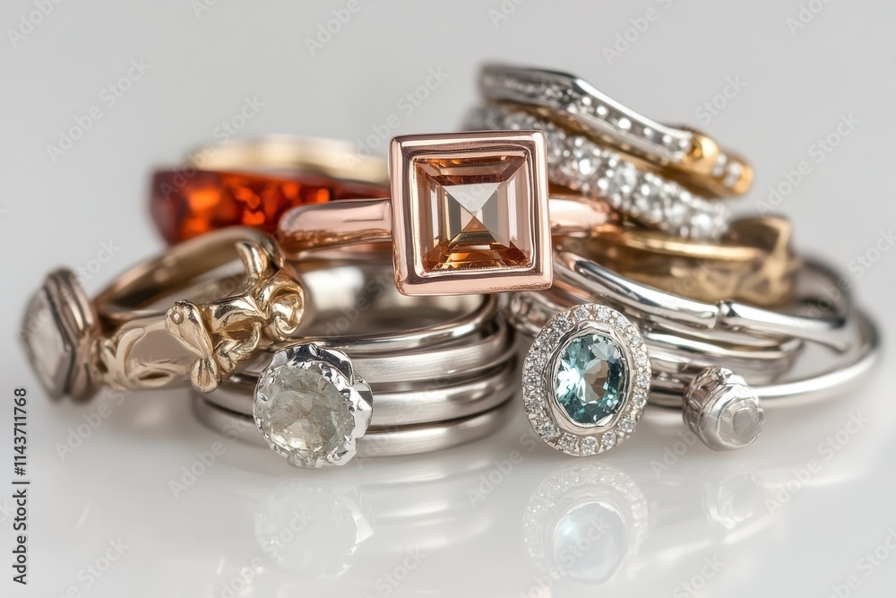 A close-up angled view of a collection of rings featuring a central rose gold ring with a rectangular A close-up angled view of a collection of rings featuring a central rose gold ring with a rectangular