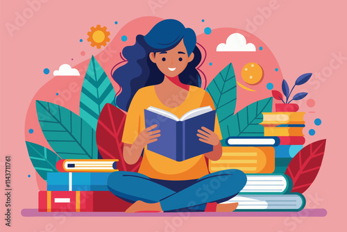 A woman sits cross-legged, deeply engaged in reading a book with vibrant books around her Woman reading with books, flat illustration