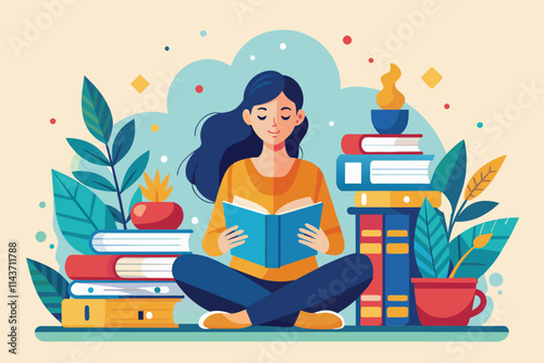 A woman sits cross-legged, deeply engaged in a book surrounded by vibrant stacks of literature and plants Woman reading with books, flat illustration
