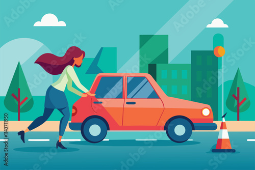 A woman is skillfully reversing her car on a bustling city street surrounded by buildings Woman reversing car, flat drawing