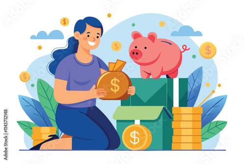 A joyful woman kneels, saving money in a piggy bank and cardboard box amidst cash and coins Woman saving money in piggy bank and box, flat illustration.