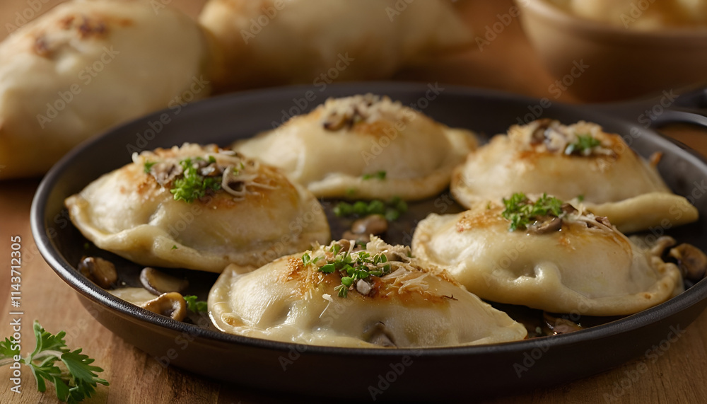 potato, cheese and mushroom pierogies on a pan potato, cheese and mushroom pierogies on a pan