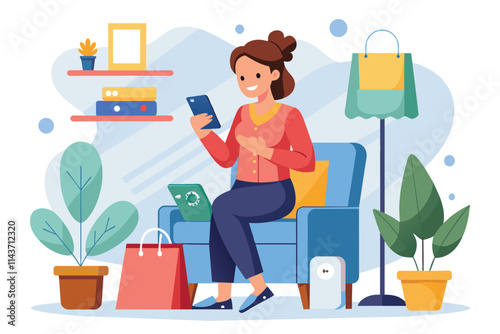 A woman is using her mobile phone to shop online, relaxing in her home with plants around Woman shopping at home using her mobile phone, illustrated in a flat style.
