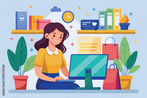 The woman is engaged in online shopping at her computer in a cozy home setting filled with greenery Woman shopping online on a computer, flat illustration.