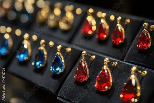 A close-up angled view of a row of teardrop-shaped gemstone earrings displayed photo