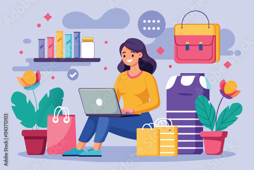 A woman is shopping online comfortably at home, working on her laptop near colorful shopping bags and plants Woman shopping online with laptop, flat illustration.